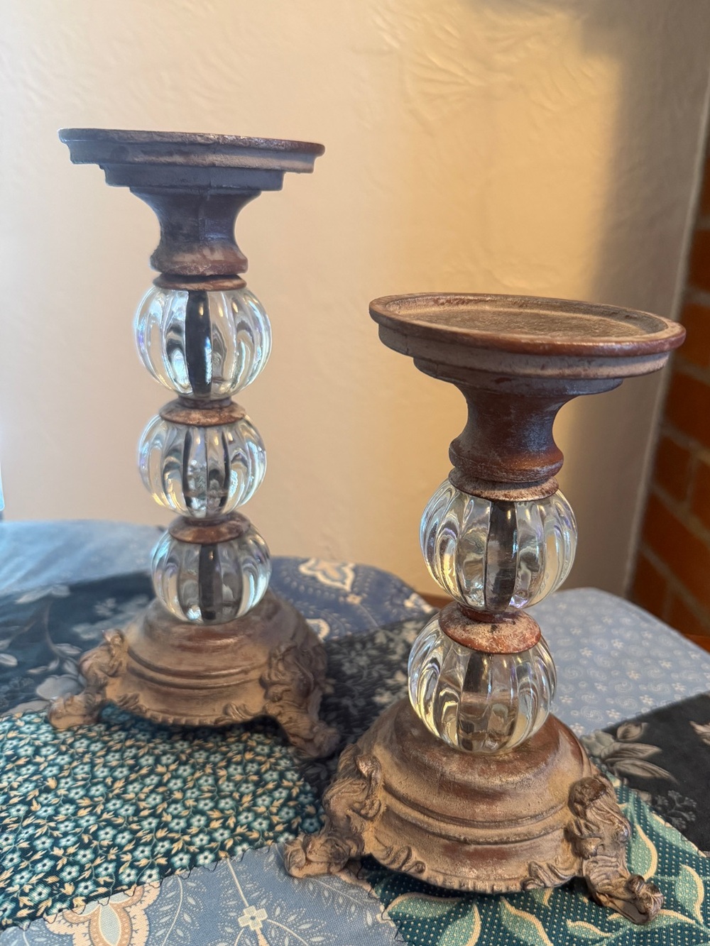 Set of 2 Glass Ball Pillar Candle Holders Ornate Distressed Bronze